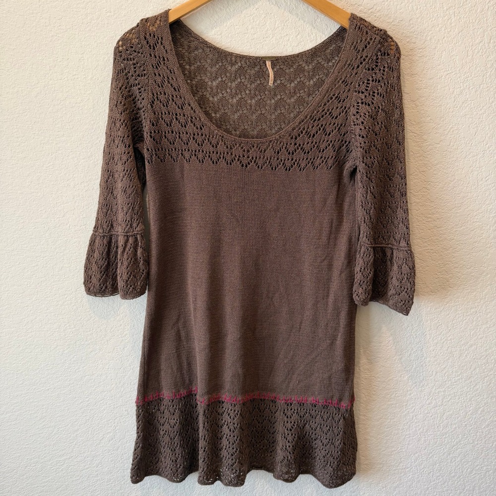 Free People Brown Pointelle Knit dress Pink Contrast Stitch Bell Sleeve M
